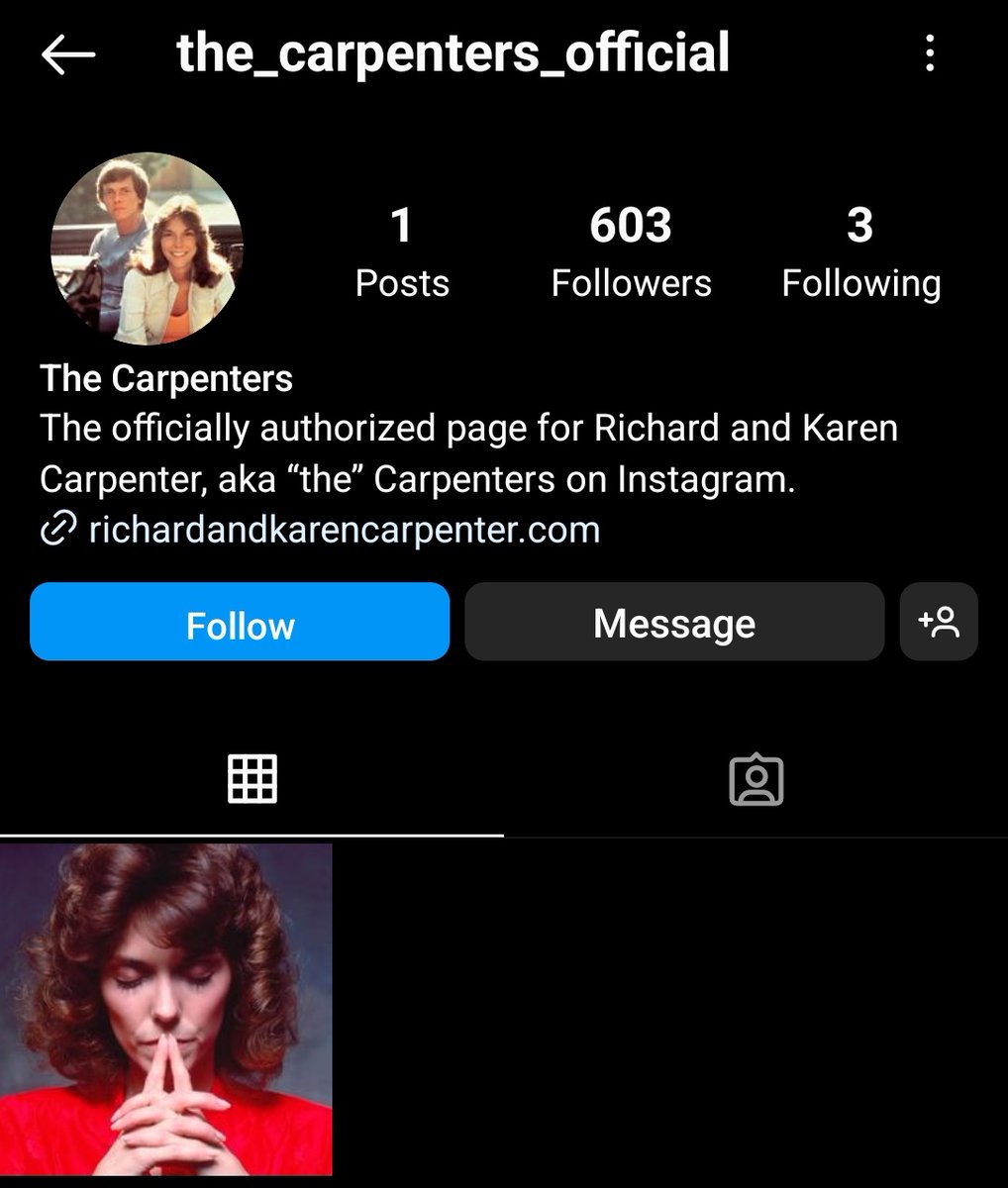 CarpentersQuote's tweet image. Remembering #KarenCarpenter 40 years after her passing (#Feb4th, 1983)

#TheCarpenters official #Instagram account page launched today (account will be run by Chris May)

Account name: the_carpenters_official