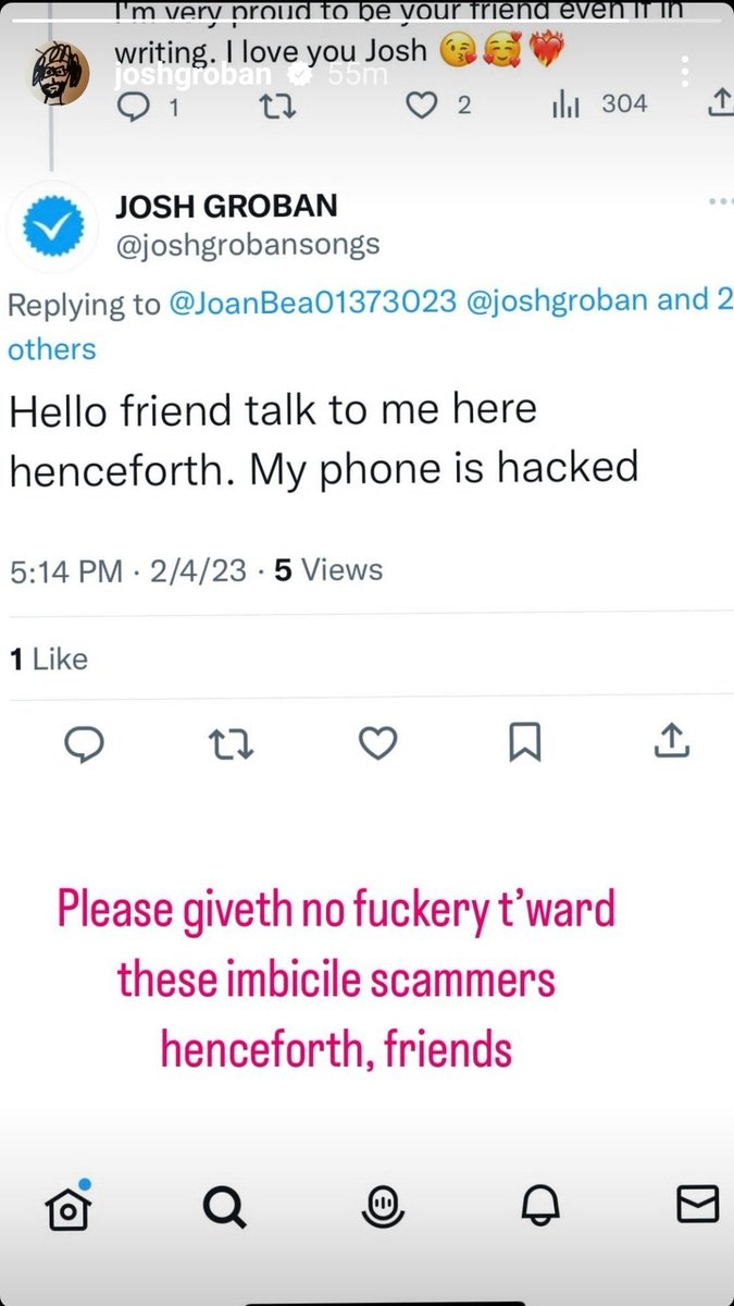 Timpanist's tweet photo. #instastory from .@joshgroban "Please giveth no fuckery t'ward these imbecile scammers henceforth, friends" #FakeAccounts #Pretenders #NOTJosh #block https://t.co/rIY5UOmp22