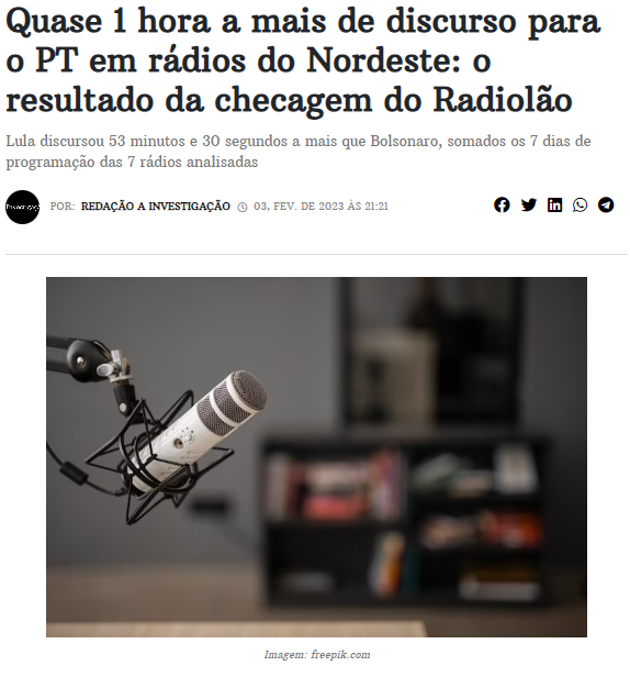 No final de outubro a campanha de <a href="/jairbolsonaro/">Jair M. Bolsonaro</a> denunciou que teve teve 154 mil inserções a menos que Lula em rádios do NE. 

Quase 2 semanas depois publicamos em <a href="/a_investigacao_/">A Investigação</a> um relatório sobre estas inserções. Agora publicamos uma reportagem detalhando o resultado.