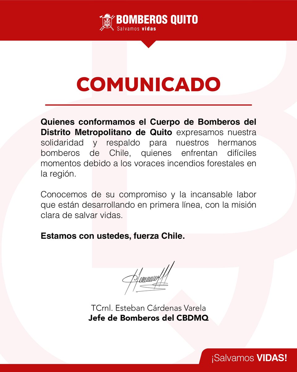 ECardenasVarela's tweet photo. Queridos compañeros de @BomberosdeChile reciban toda nuestra solidaridad por la difícil situación que atraviesan, sin duda, el combate de incendios forestales es una de las labores más complejas.

¡Mucha fuerza, en su trabajo está la esperanza de salvar vidas!

#BomberosQuito https://t.co/D8sjFJTY9C
