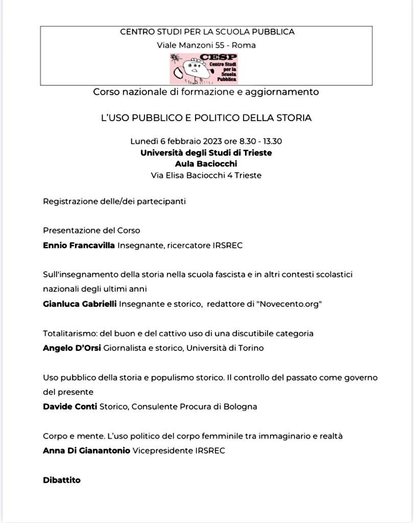 A Trieste lunedì 6 una utile iniziativa del CESP, su un tema di assoluta attualità. Io parlerò del concetto di « totalitarismo ».