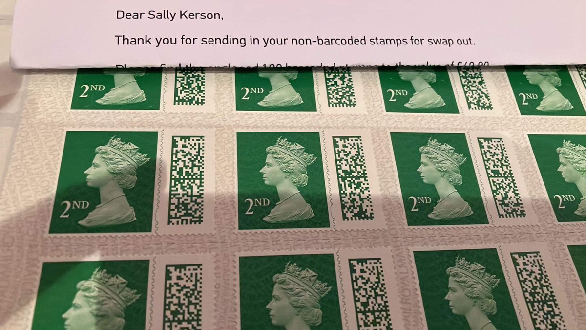 SallyKerson's tweet photo. My #barcoded #postage #stamps came today after they were #swapped for my old ones, efficient service from the #postoffice I reckon as the months and years go by more old #stamps will turn up just like those old pound coins and five pound notes that are still found in pockets etc https://t.co/ULCPqS2Voi