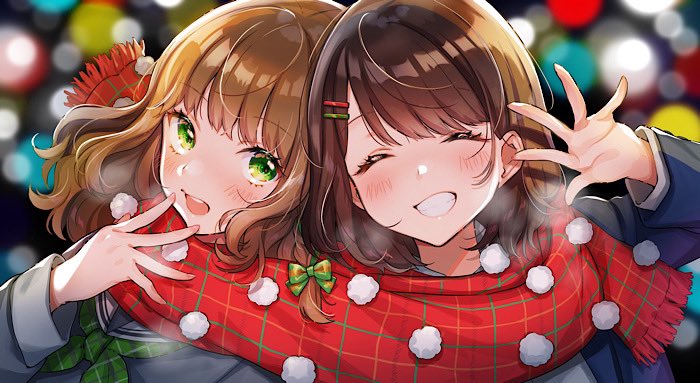 multiple girls 2girls scarf brown hair green bow shared scarf green eyes  illustration images