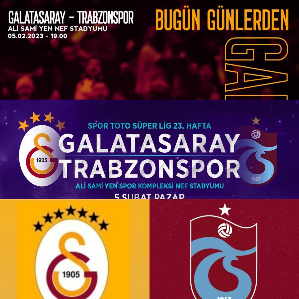 Bugün Günlerden Galatasaray 
Galatasaray Trabzonspor 
Saat 17:00
#BugünGünlerdenGALATASARAY 💪 
🏆 Süper Lig 2022-2023 Sezonu
🗓 23. Hafta
🆚 Trabzonspor 
📆 05.02.2023
⏰ 17:00
🏟 Nef Stadyumu 
🦁#AslanGibiSavaş
🦁#SeniSevmeyenÖlsün
🦁#YenilesekDeGalatasaray
🦁