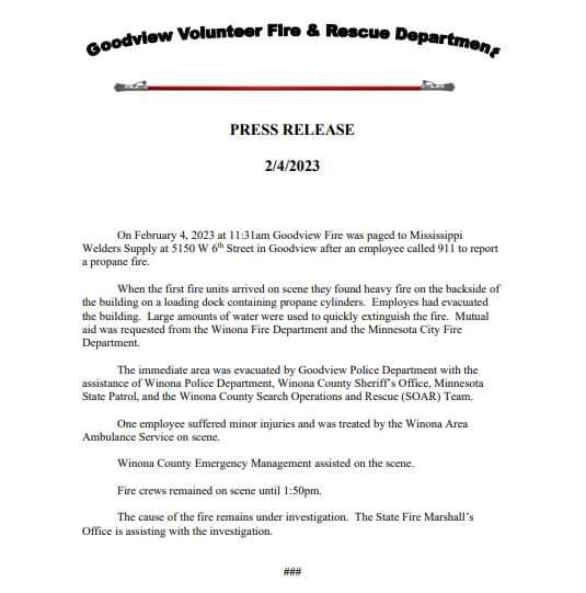 GoodviewBen's tweet photo. Great job Goodview Fire and assisting agencies. 

#fire
#PressRelease 
#goodviewmn https://t.co/rFkQcDd2Nq