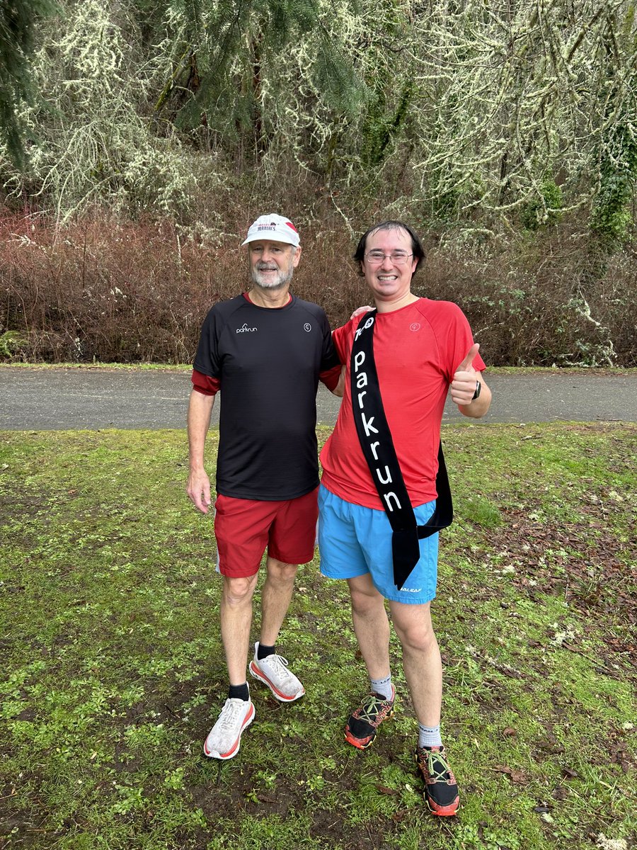 GregNance's tweet photo. So fun getting after it at Fort Ward @parkrun this morning! 

Ian, my running buddy since 2006, finished his 100th parkrun! Literally keeping it 💯

Want to join the fun? We meet every Saturday 9am at Bainbridge Island’s Fort Ward. It’s always free and always fun! #RunHappy https://t.co/FuS9hEU79D