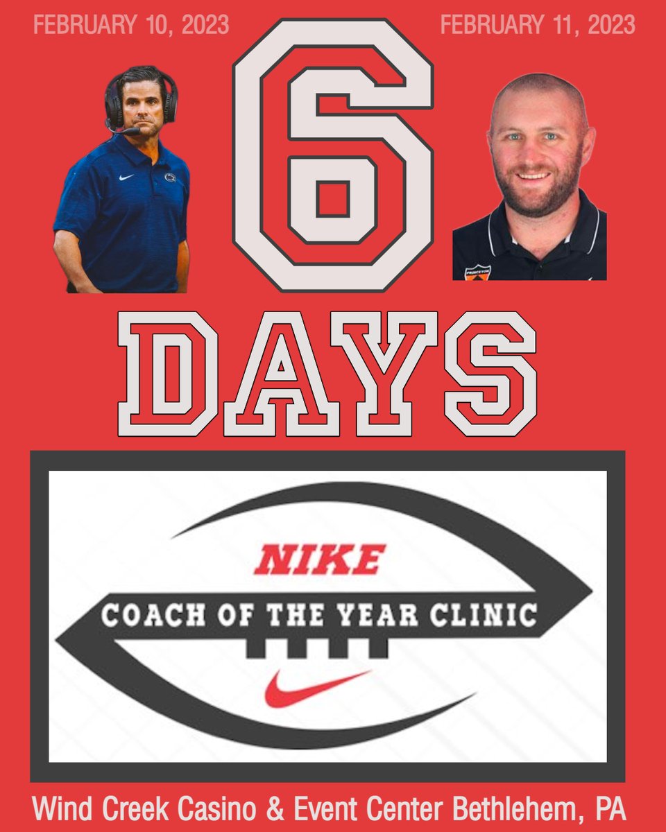 coy_nike's tweet photo. 6 MORE SLEEPS! The Nike Coach of the Year Clinic will be hitting Bethlehem next weekend and we are beyond pumped for the event! @Coach_MannyDiaz and @CoachZar are among the list of epic speakers! Retweet if you'll be attending! #LetsGo #FootballFocus https://t.co/T5sagOGA3N