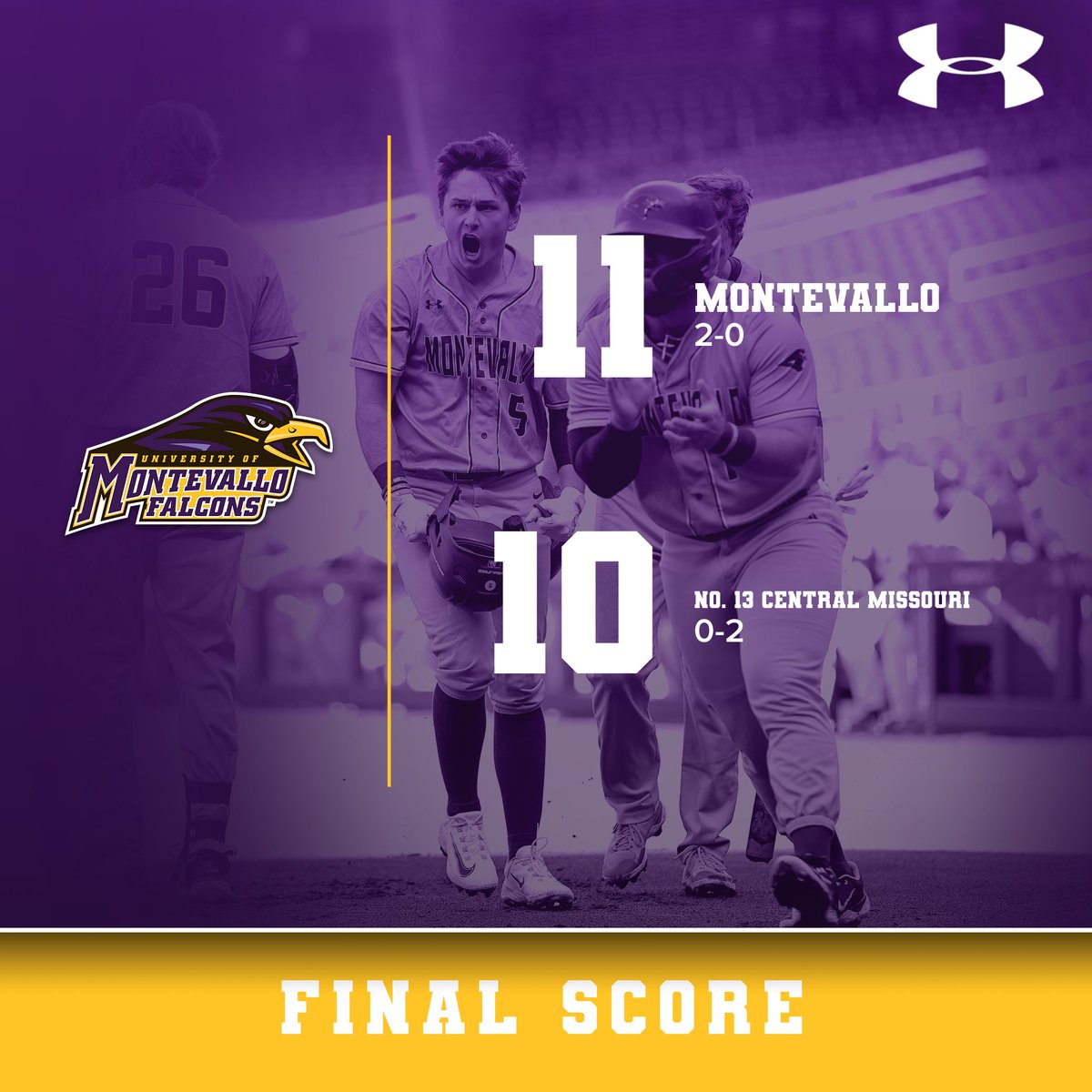 #FALCONSWIN ‼️

<a href="/UMoTownBaseball/">Montevallo Baseball</a> takes down No. 13 Central Missouri 11-10 👏

📰 bit.ly/3DFsLM9

#RiseAbove