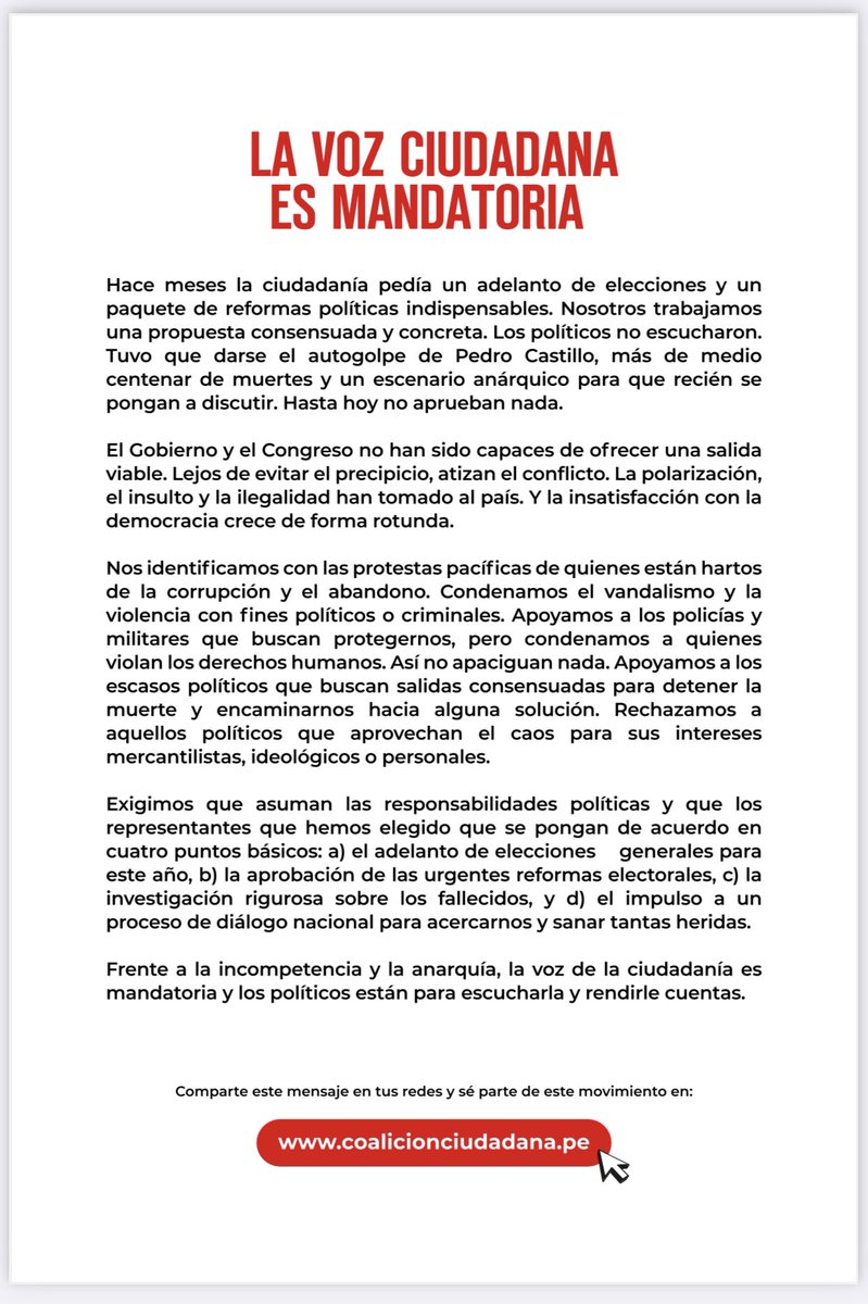 Exijamos que se escuche nuestra voz. 
Participa en la CoalicionCiudadana.pe y comparte este pronunciamiento en tus redes.