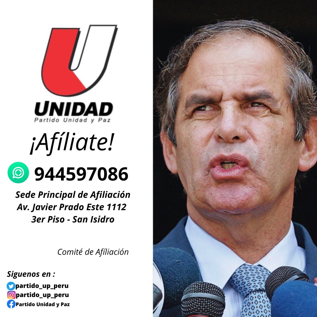 unidadypazperu's tweet photo. Afíliate al @Partido_UP_Peru “Servir a la Patria es un Honor y un Deber Voluntario”📲 944597086 🏬 Av. Javier Prado Este 1112 3er Piso - San Isidro https://t.co/IdFtyt9p2f