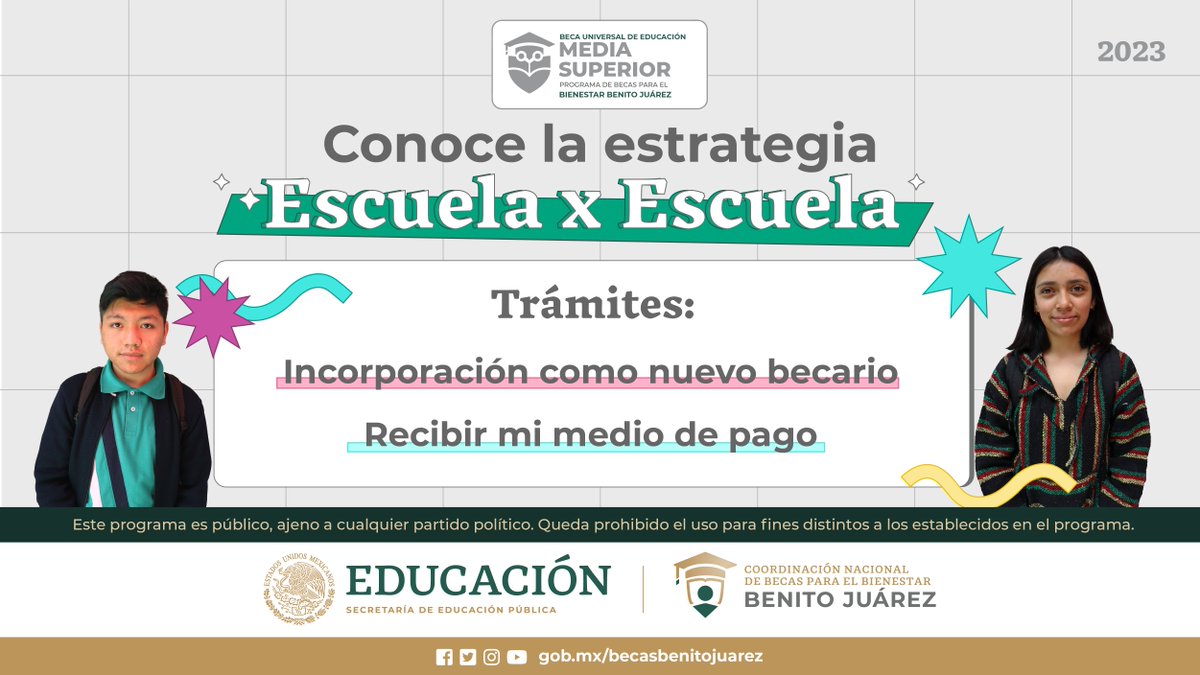 BecasBenito's tweet photo. 📢 NUEVA PROGRAMACIÓN de #EscuelaXEscuela 
¡Semana del 07 al 11 de febrero!

Becaria y becario de #MediaSuperior, checa CUÁNDO atenderemos a tu escuela si eres de:

- NUEVO INGRESO
- CONTINUIDAD con becas pendientes por cobrar

Para TODO el país🇲🇽

+ info: https://t.co/C0YsSbvOof https://t.co/WTf70Ghqm8