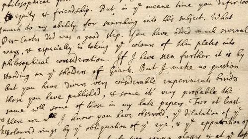 Una sección de la carta que Newton le escribió a Hooke el 5 de febrero de 1675, mostrando su famosa cita 