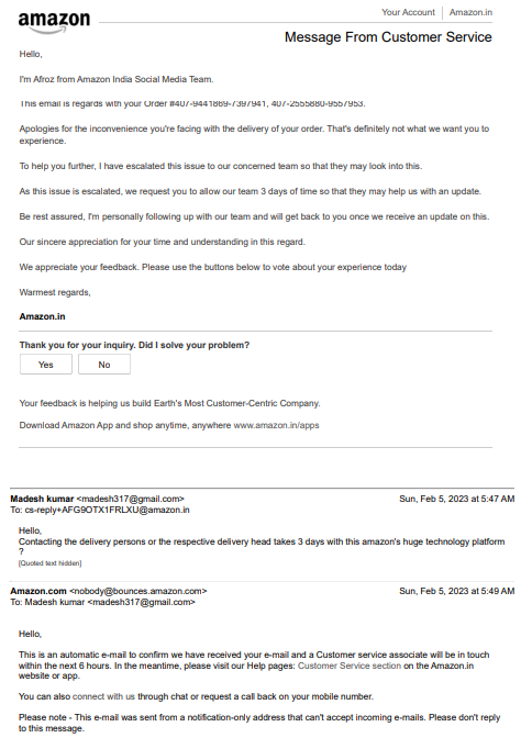 madesh317's tweet image. How the amazon customer executives are this much talented in skipping customer issues and redirecting customer like this. This is the reply from your team. #avoidamazon #amazon #avoidonlineshopping