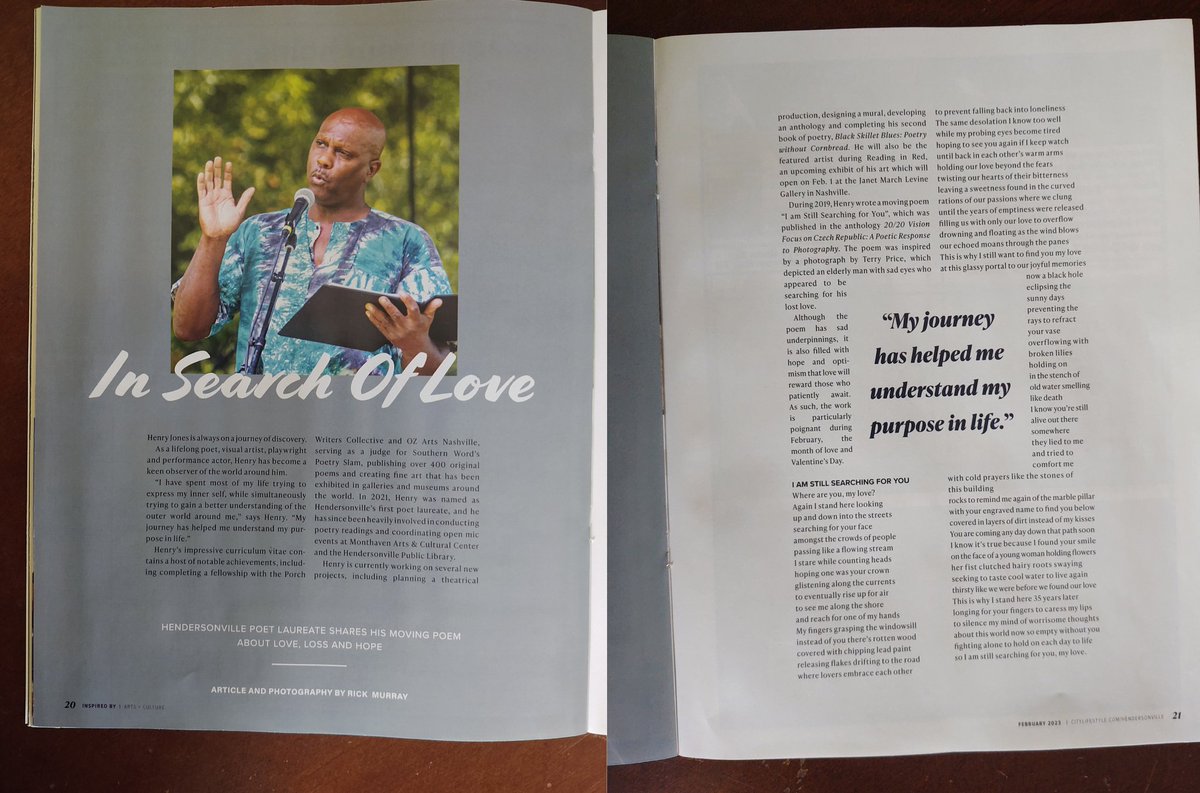 Creativeforlife's tweet photo. Excited and honored to be featured in The Hendersonville Lifestyle Magazine (February 2023 issue). This issue is about love and included my love poem "I am Still Searching for You." #poet #poetry #poetlaureate #love #February #2020vision #rockvalereview #arts #loving https://t.co/6dxXwqH3lX