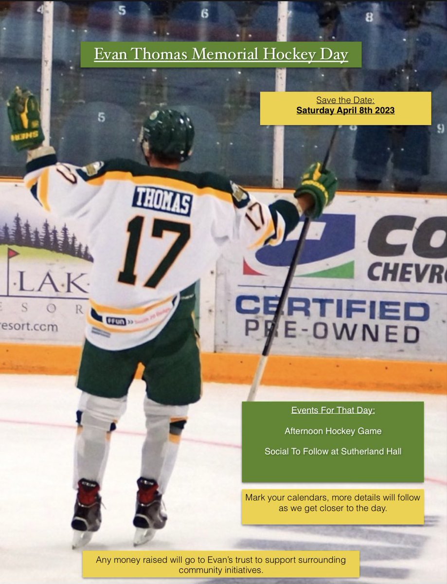 Save the date - 🙏 to ET’s buddies Rhett Arnold &amp; Noah Bankowski as we were🤷‍♀️ if we should hold this year but the boys made it easy for us to continue. Hockey 🥅 🏒 game in the afternoon followed by a social. #Tommy17 💛💚#humboldtstrong <a href="/ET_Memorial/">Evan Thomas Memorial Page</a> miss you everyday my boy ❤️