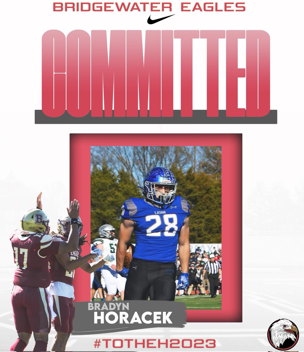 Bradyn Horacek (@bradynhoracek) on Twitter photo COMMITTED‼️
Thank you to my family, coaches, and everyone who has helped me throughout this process. It's been a blessing. That being said, I will be continuing my athletic and academic career at Bridgewater College!
<a href="/BH2OFootball/">Bridgewater Football</a> <a href="/CoachGiancola/">Mike Giancola</a> <a href="/CoachRamey_/">Gary Ramey Jr.</a> <a href="/FairfaxLionsFB/">Fairfax HS Football</a> COMMITTED‼️
Thank you to my family, coaches, and everyone who has helped me throughout this process. It's been a blessing. That being said, I will be continuing my athletic and academic career at Bridgewater College!
<a href="/BH2OFootball/">Bridgewater Football</a> <a href="/CoachGiancola/">Mike Giancola</a> <a href="/CoachRamey_/">Gary Ramey Jr.</a> <a href="/FairfaxLionsFB/">Fairfax HS Football</a>
