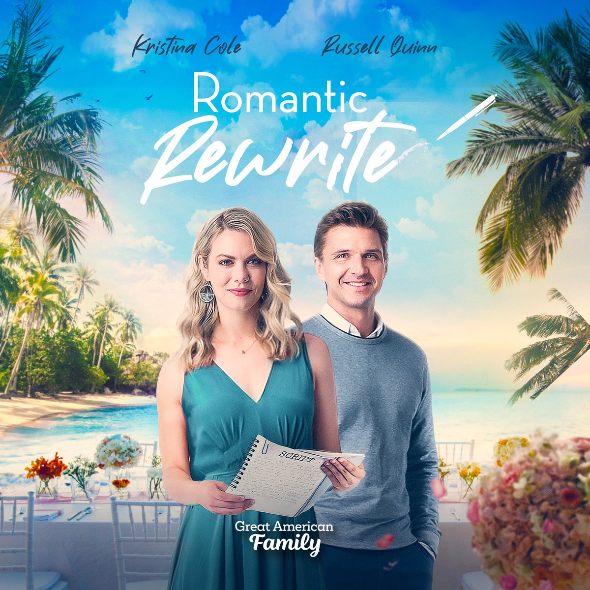 The first of three #GreatAmericanValentines Premieres, #RomanticRewrite, STARTS NOW on #GreatAmericanFamily, with #KristinaCole & #RussellQuinn! 🌴📝 @GAfamilyTV #WelcomeHome