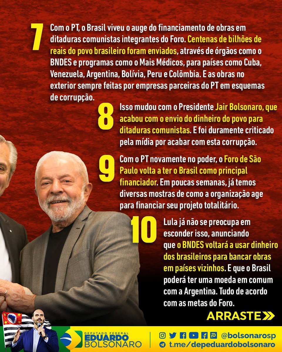 BolsonaroSP's tweet photo. Muita gente ainda não sabe do que se trata o Foro de São Paulo.

Resumindo: uma quadrilha de partidos comunistas, fundada por Lula, Fidel Castro e FARC, visando tomar o poder e destruir a liberdade em toda a América Latina.

Quer saber mais? Confira mais detalhes neste post: https://t.co/L1eIXGGIS3