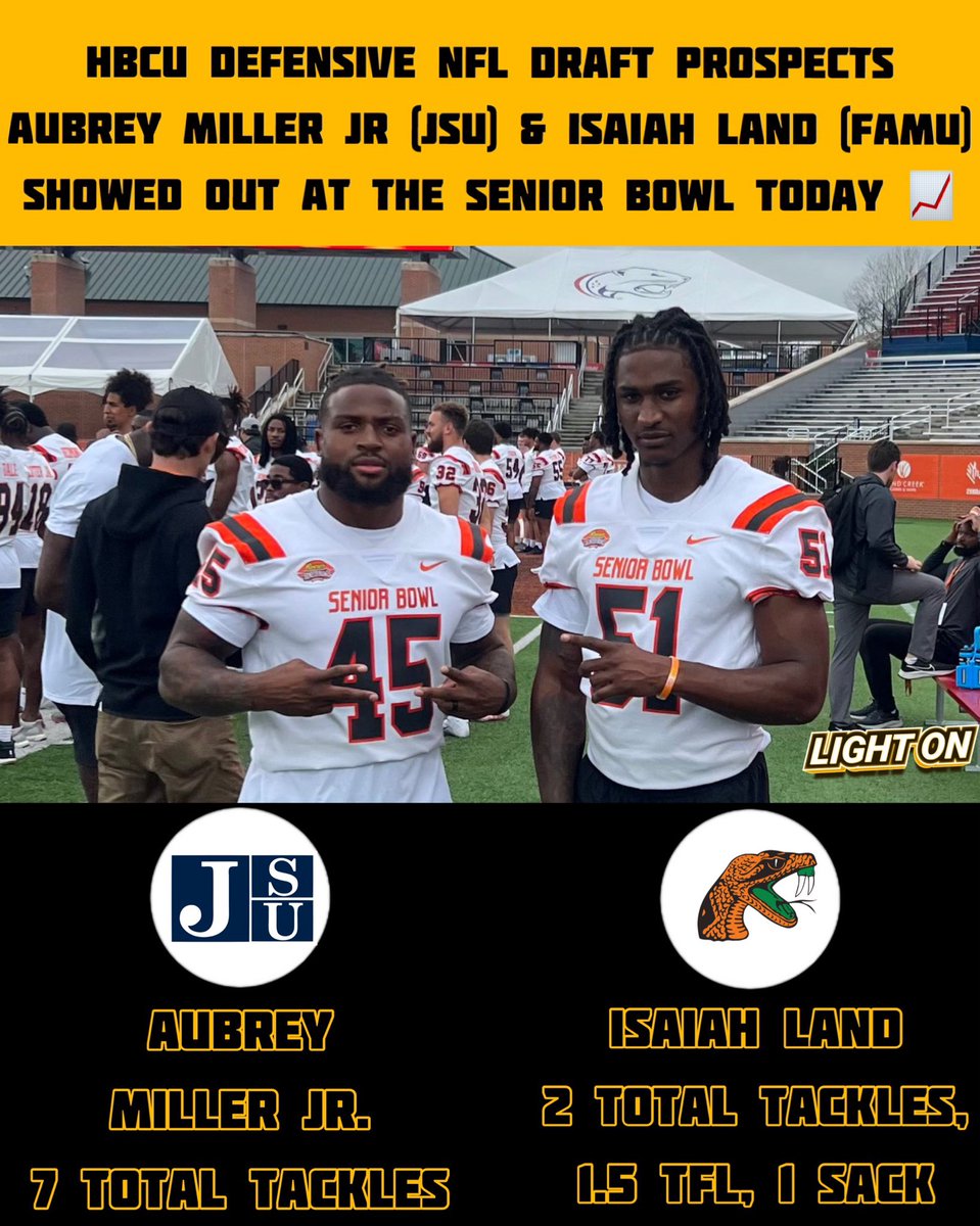LightOnSports's tweet photo. HBCU Defensive NFL Draft Prospects Aubrey Miller Jr. (Jackson State) &amp; Isaiah Land (FAMU) Showed Out At The Senior Bowl Today. 📈

🐅 @Loose_Qannon 
🐍 @IsaiahLand716 

#SeniorBowl @GoJSUTigersFB @FAMU_FB 

📸: @scottpioli51 https://t.co/VVdg4aCU6l