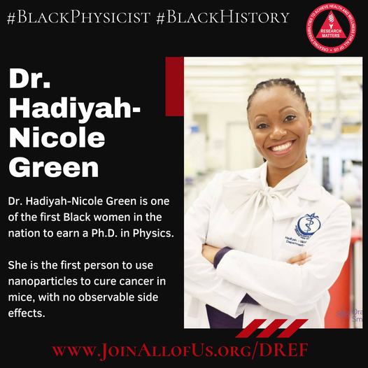 DREF_RsrchMtrs's tweet photo. Dr. Hadiyah-Nicole Green (@drhadiyahgreen) is a STEM pioneer, leader, humanitarian, and entrepreneur who kills cancer with #BlackGirlMagic &amp; Physics!✨

#HBCU #StayWOKEwithResearch  #JoinAllofUs #BHM  #AllofUsDREF #BlackHistoryMonth https://t.co/15PamCHHV4