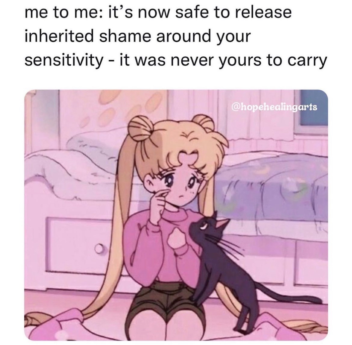 by_amela's tweet image. oftentimes the feeling of SHAME can be learned or ‘inherited’.
it’s not kind to say ‘inherited shame’ but how you choose to identify your experiences is yours.

#learnedbehavior #sailormoon