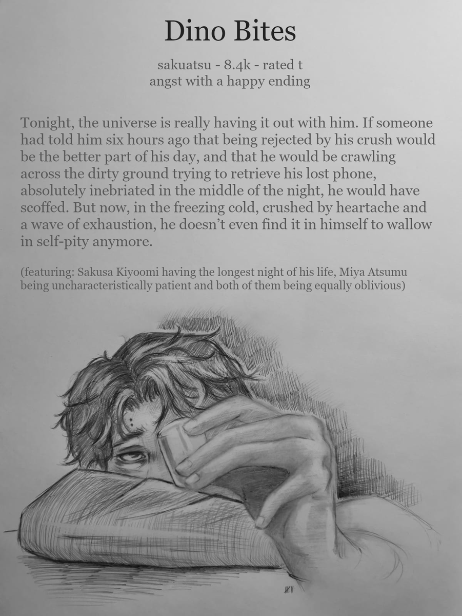 kgontiptoes's tweet photo. dino bites - little #sakuatsu one shot written for @tipsyomibb 

angst with a happy ending - 8.4k - rated t

massive thanks to @tsuki_bubble for beta reading and to @7areyouangry for making the art for the fic graphic!

https://t.co/osTJ2KQSJv https://t.co/q7qlbKWx7Y