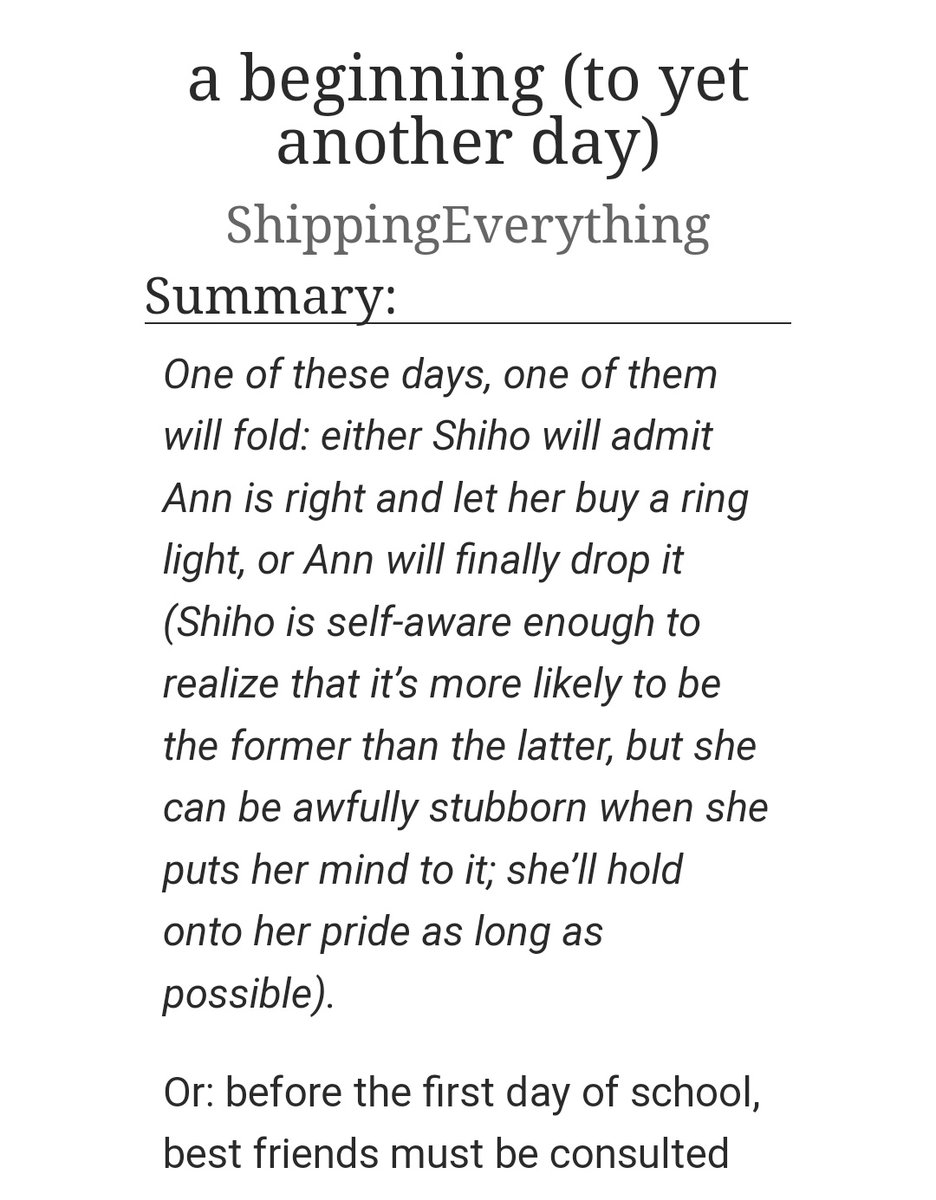 "a beginning (to yet another day)" 

🎭 2k
🎭 Shiho and Ann facetime and talk outfits, trauma, and growth
🎭 Technically gen but emotionally pre-slash
🎭 Written for <a href="/tstrengthzine/">True Strength - SHOW'S OVER!</a>! 
🎭 archiveofourown.org/works/44793094