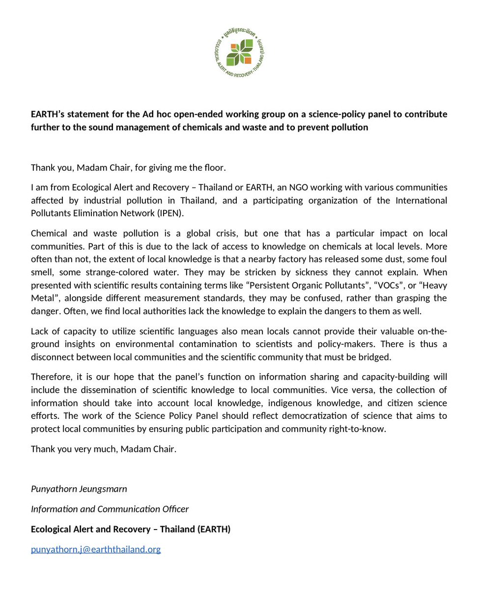 EarthTH2009's tweet photo. #EARTH’s submitted statement for the OEWG meeting for #SciencePolicyPanel to address chemical and waste pollution: panel must guarantee #RightToKnow #PublicParticipation - respects #LocalKnowledge & #CitizenScience https://t.co/le1wMLFQO7