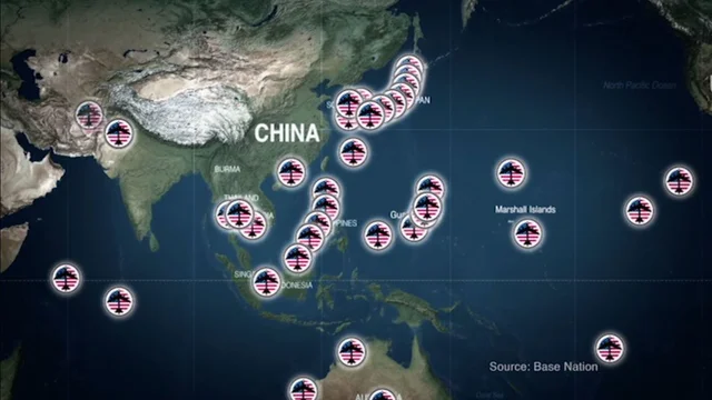 johnpilger's tweet photo. Congratulations to US sharpshooters who - after several attempts - shot down a Chinese balloon strayed near the Land of the Free
Below is a map of some of the 400 US bases that surround China, spying, probing, several with nuclear arms. The US describes the bases as a 'noose'. https://t.co/93GCmMnzKa