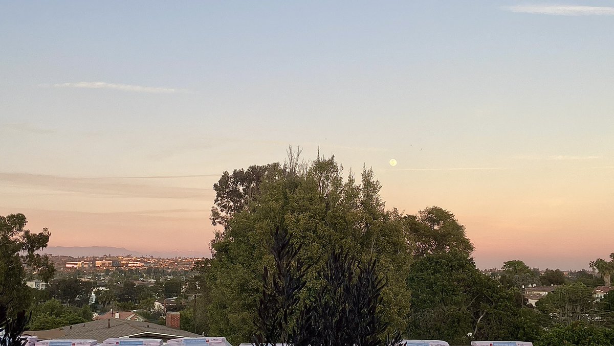 StaceyTravis777's tweet image. Pink sky and full moon rising in LA. #pinkskies #fullmoon
