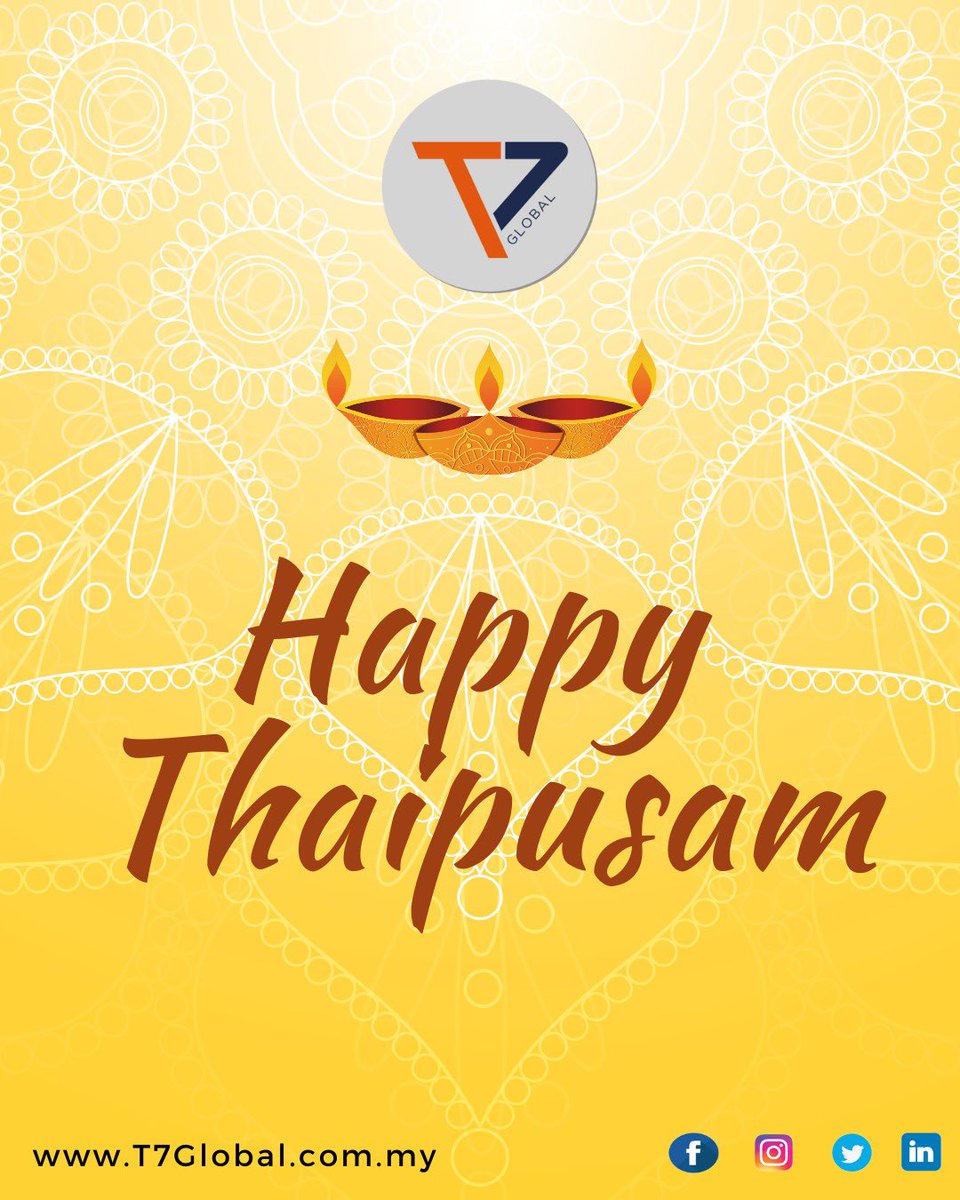 We wish everyone a blessed Thaipusam from all of us at T7 Global.

#t7globalberhad
#happythaipusam2023
#Energy
#AerospaceandDefence
#Construction
#OilandGas
#MakingAdifference
#sustainabilitywithT7
#sustainableenergy