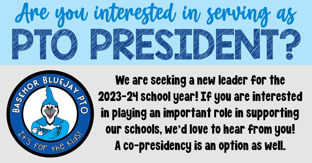 bluejaypto's tweet photo. The Basehor Bluejay PTO is looking for a new president for the 2023-24 school year. If you are interested, please let us know! You can reach out by sending us a message at BasehorBluejayTeam@gmail.com. https://t.co/4LnGIHLMiL