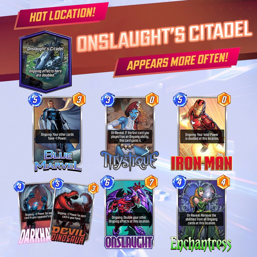 shadowdtv's tweet image. Will you choose to take advantage of the location with Ongoing Cards or decide to Shutdown your opponent with Enchantress? 
Onslaught's Citadel is this weeks Hot Location! Try these cards out in your deck!
Hot Locations appear in 60% of games for 24 Hours! #MarvelSNAP