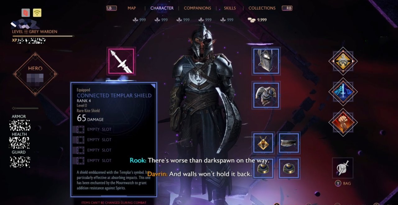 Inventory screen from Dragon Age: Dreadwolf gameplay leaks