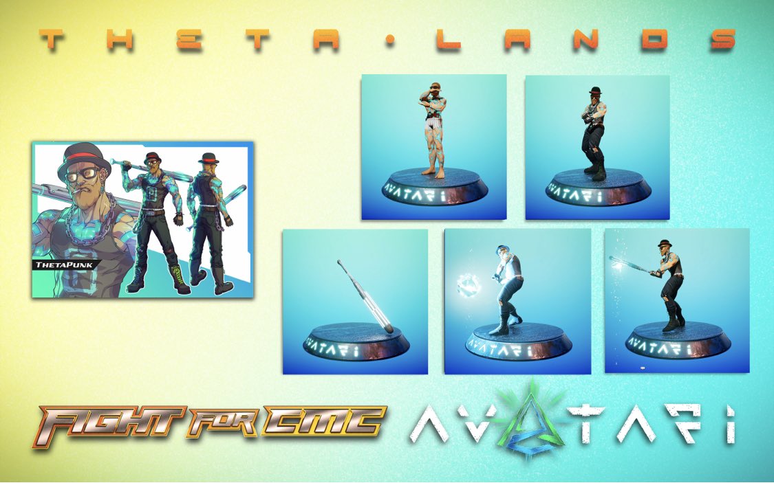 ThetaLands's tweet photo. ThetaPunk AVATARI Airdrop!  

Snapshot: Monday 12pm EST

As always, receive 5 animated 3D NFTs for each character sheet you holding 

🎁Body🎁Skin🎁Skill🎁Super🎁Ultimate 

available on @OpenTheta ⬇️

https://t.co/wUL8LPt8WM

#ThetaLands #FIGHTforCMC #NFTs #NFTshill #NFTAirdrop https://t.co/f8MocwhO7X