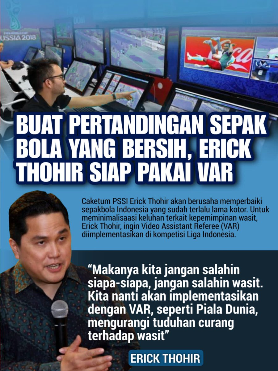 Nikiria111's tweet photo. Caketun PSSI erick thohir akan berusha memperbaiki sepakbola indonesia yg sdah terlalu lama kotor .
#BenahiWasit
Teknologi VAR https://t.co/UoWeIBbA0e