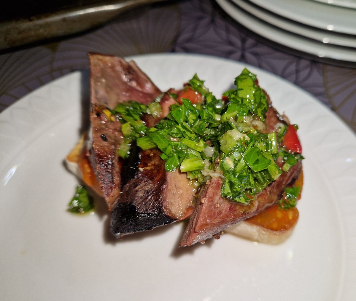 ChemEpi's tweet photo. @MicrotoPico Then the Beef heart Sous Vide and grilled, on bruschetta with Chimichurri. #cookingwithfamily #chemistswhocook https://t.co/lqmOeeLCSU