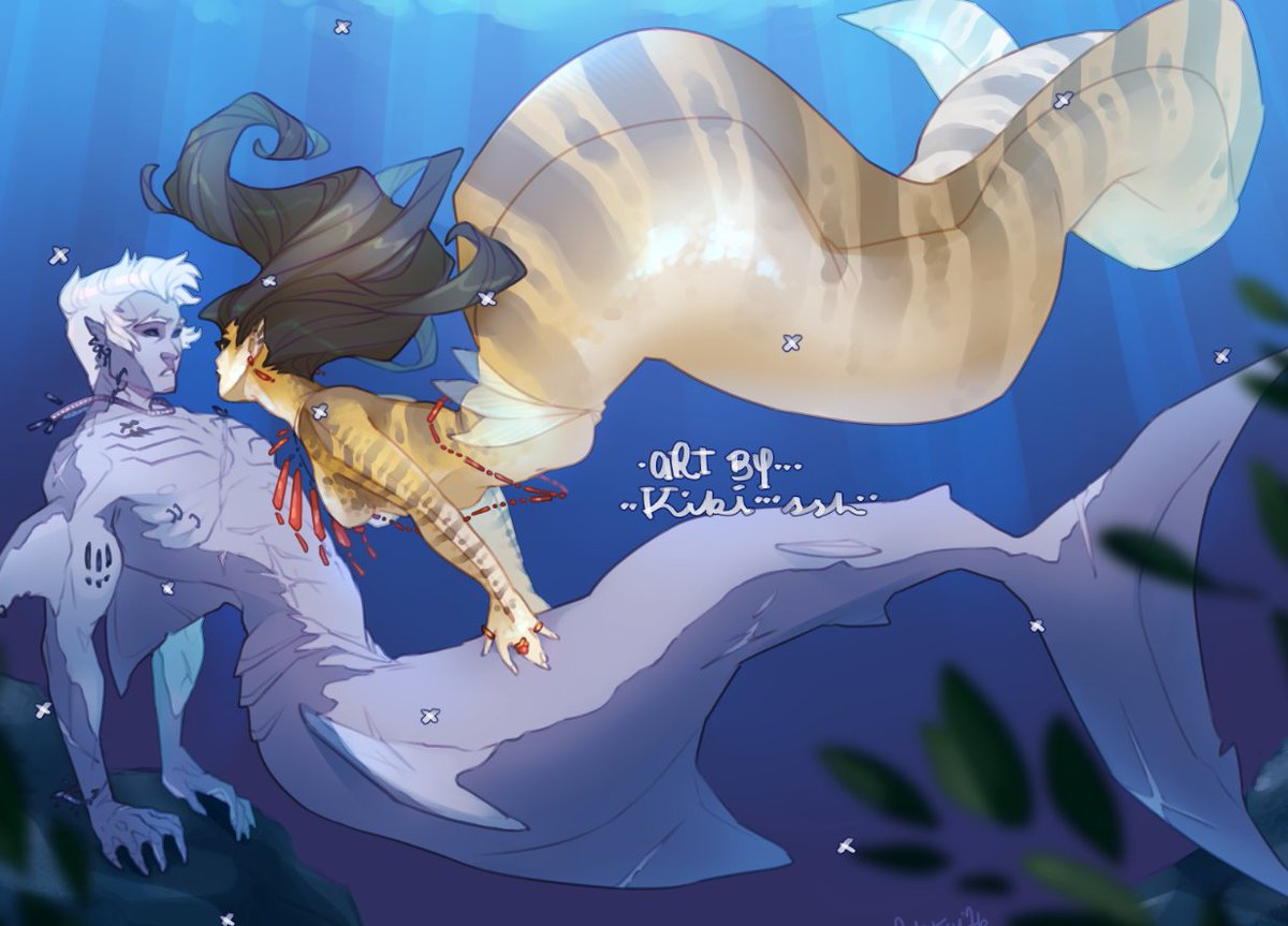 pleeeease show me your mermaid OCs!!! 🧜🏻‍♀️🧜🏼‍♂️🐠🦈🐟new or old art, i welcome it all!! 
me first !! Calico and Kiki in mermaid au! 