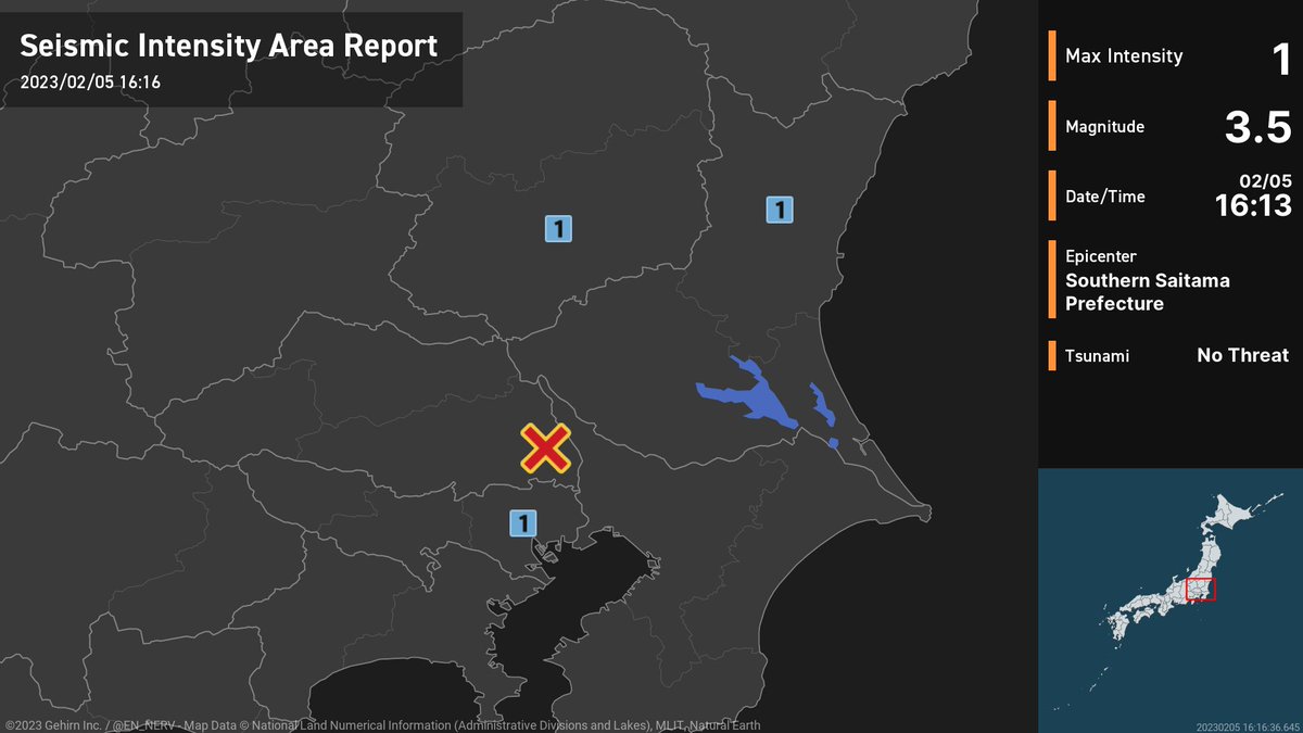 Earthquake Detailed Report – 2/5
At around 4:13pm, an earthquake with a magnitude of 3.5 occurred in Southern Saitama Prefecture at a depth of 80km. The maximum intensity was 1. There is no threat of a tsunami. #earthquake https://t.co/IFclKo140c