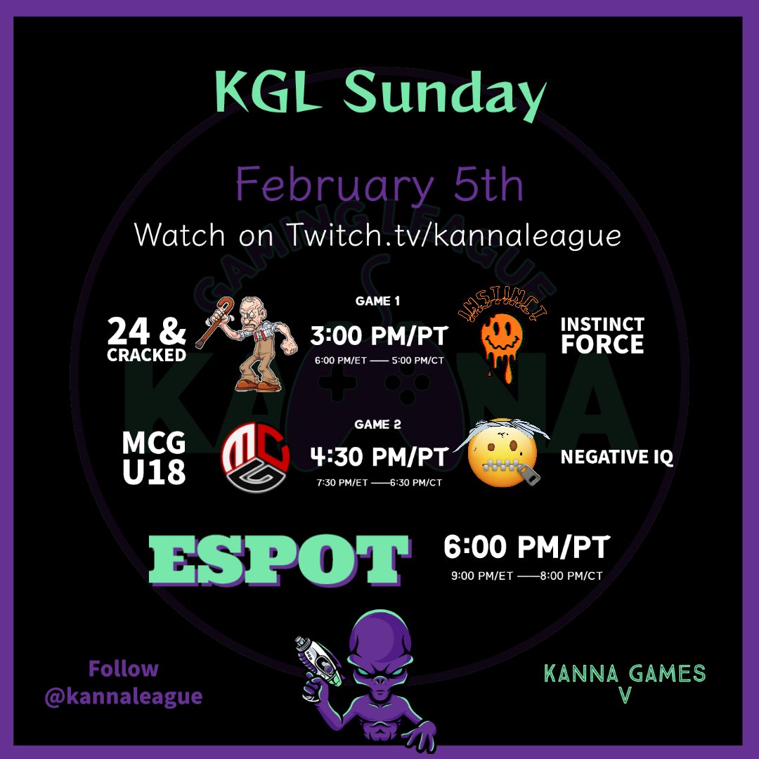 kannaleague's tweet photo. 2 Games scheduled for today!
-6pm est: The first Trapper Dan League game to be streamed with 24 &amp; Cracked v @WeRInstinct Force
-730pm est: @MethCoGents u18 v Negative IQ
-900pm est: ESPOT
📺https://t.co/8xHIQkSYbn https://t.co/prlzPT50ga