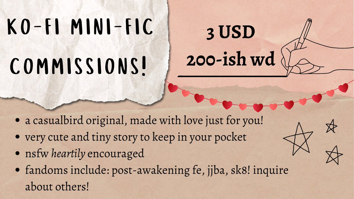 bird_scribbles's tweet photo. opening ko-fi mini-fic / drabble / vignette comms!

1 ko-fi (3 USD) for.... as many words as it takes but we're shooting for like 200-300!

send me your little daydreams 💌

https://t.co/6ytR13BYeX https://t.co/ccDelvSgqD