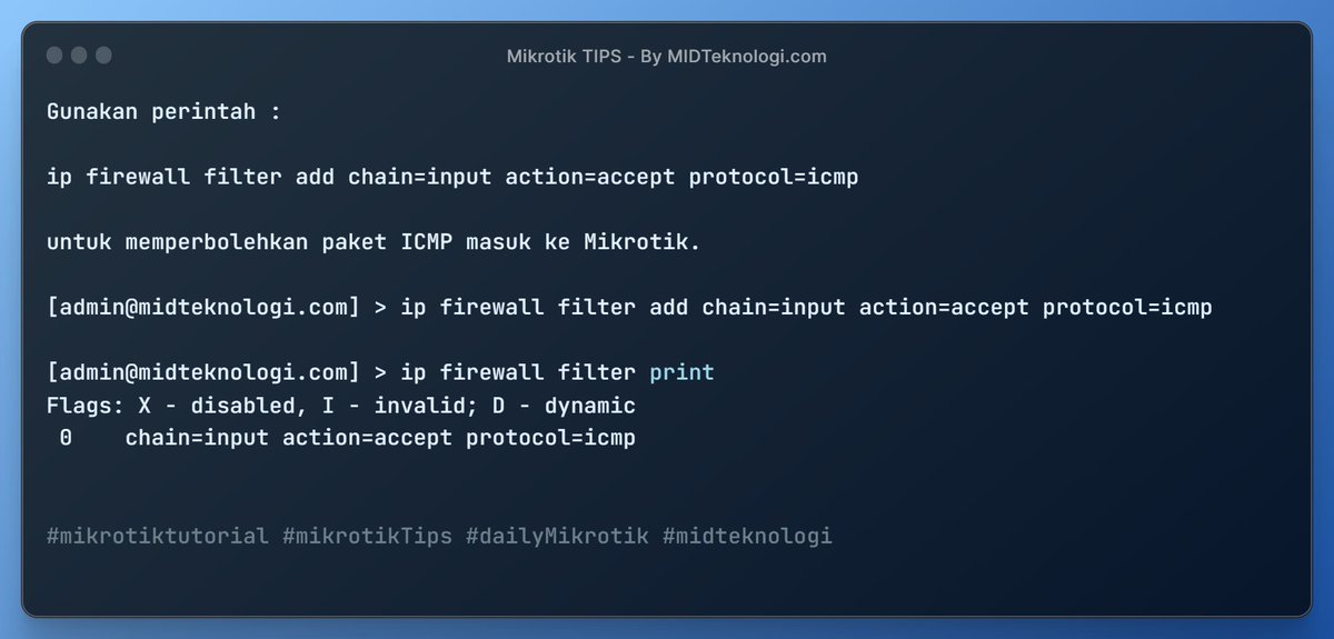_4dinata's tweet image. Gunakan perintah ip firewall filter add chain=input action=accept protocol=icmp untuk memperbolehkan paket ICMP masuk ke Mikrotik.
Dukung Kreator 👉 cekgan.com/super-thanks
.

#mikrotiktutorial #mikrotikTips #dailyMikrotik #midteknologi