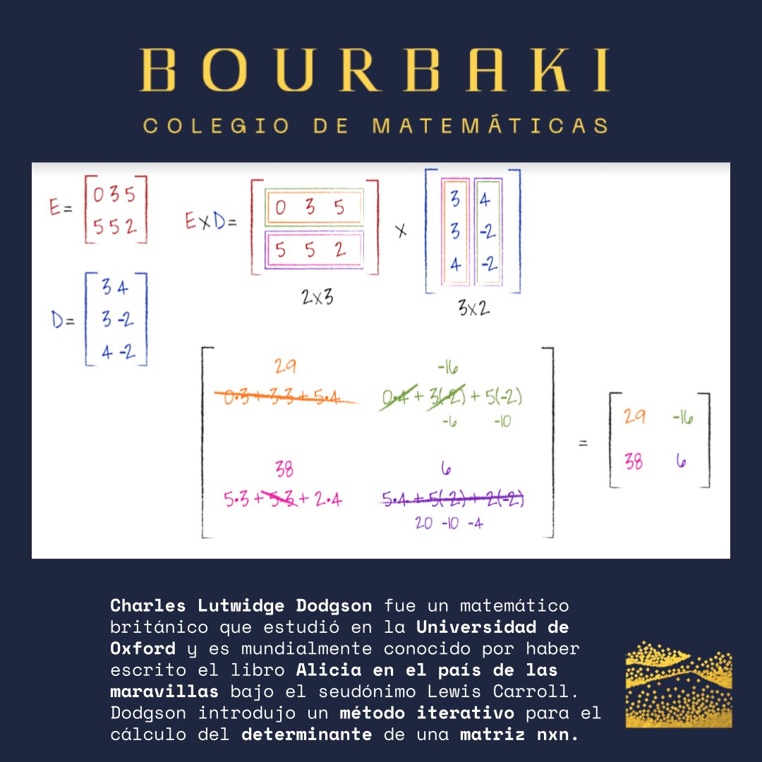 ColegioBourbaki's tweet photo. Muchos analistas están familiarizados con el método de la eliminación gaussiana que se puede utilizar para calcular determinantes de una matriz.

Sin embargo y como lo mostró el autor de Alicia en el país de las maravillas, esta no es la única manera de encontrar determinantes. https://t.co/REuzafKBIb