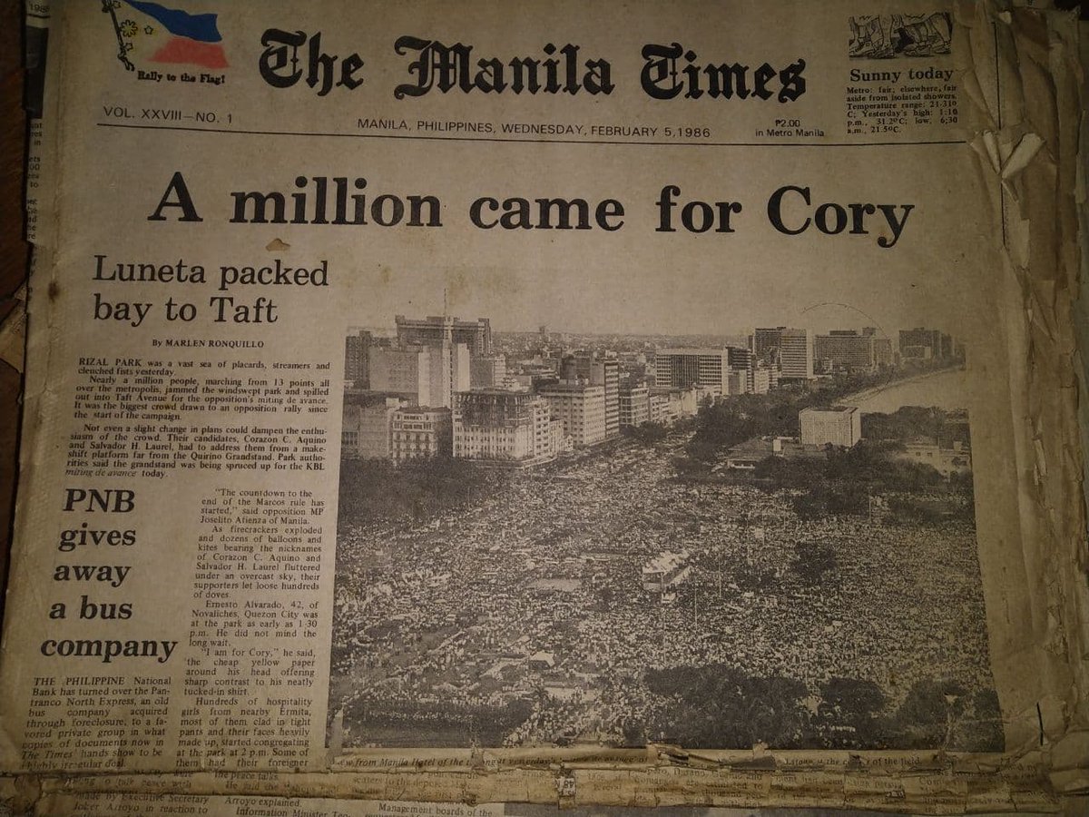 ProjectGunitaPH's tweet photo. #Snap86 | Snapshots from the 1986 snap elections, campaign, and fraud 

This was the frontpage of The Manila Times on Feb. 5, 1986,  37 years ago today. The message was clear: One million went to Luneta to support the Aquino-Laurel tandem.
[📸: @hotmanila]
#DefendHistoricalTruth https://t.co/yBpDg6Z6no