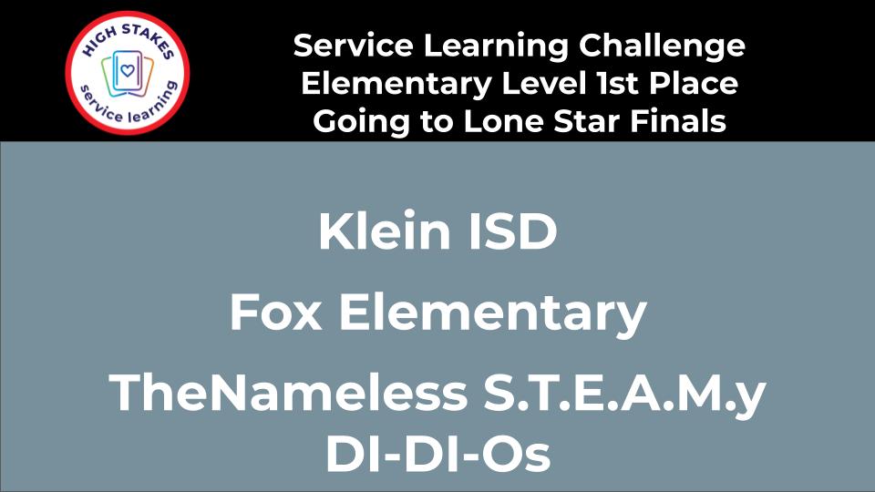 GordonKSee's tweet photo. In the #projectoutreach #servicelearningchallenge #highstakes Elementary Level, 1st place & Going to @Texas_DI #LoneStarFinals is @FoxKISD TheNameless S.T.E.A.M.y DI-DI-Os
@kitacombs https://t.co/GbN6g0sAyi
