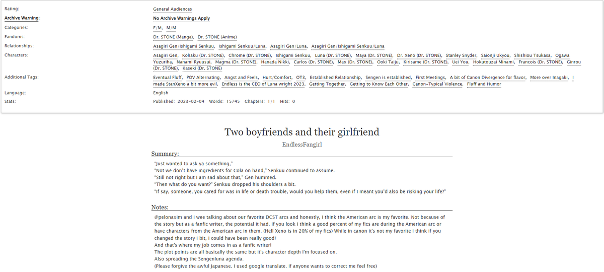 Endlessao3's tweet photo. "Two boyfriends and their girlfriend"
Relationship: Asagiri Gen/Ishigami Senkuu/Luna #Sengenluna #fanfiction
Characters: Asagiri Gen, Ishigami Senkuu, Luna, others
Tags: Angst and Feels, Getting Together, Getting to Know Each Other, Canon-Typical Violence
https://t.co/yZlbqU5CIa https://t.co/FCzj9khlnj