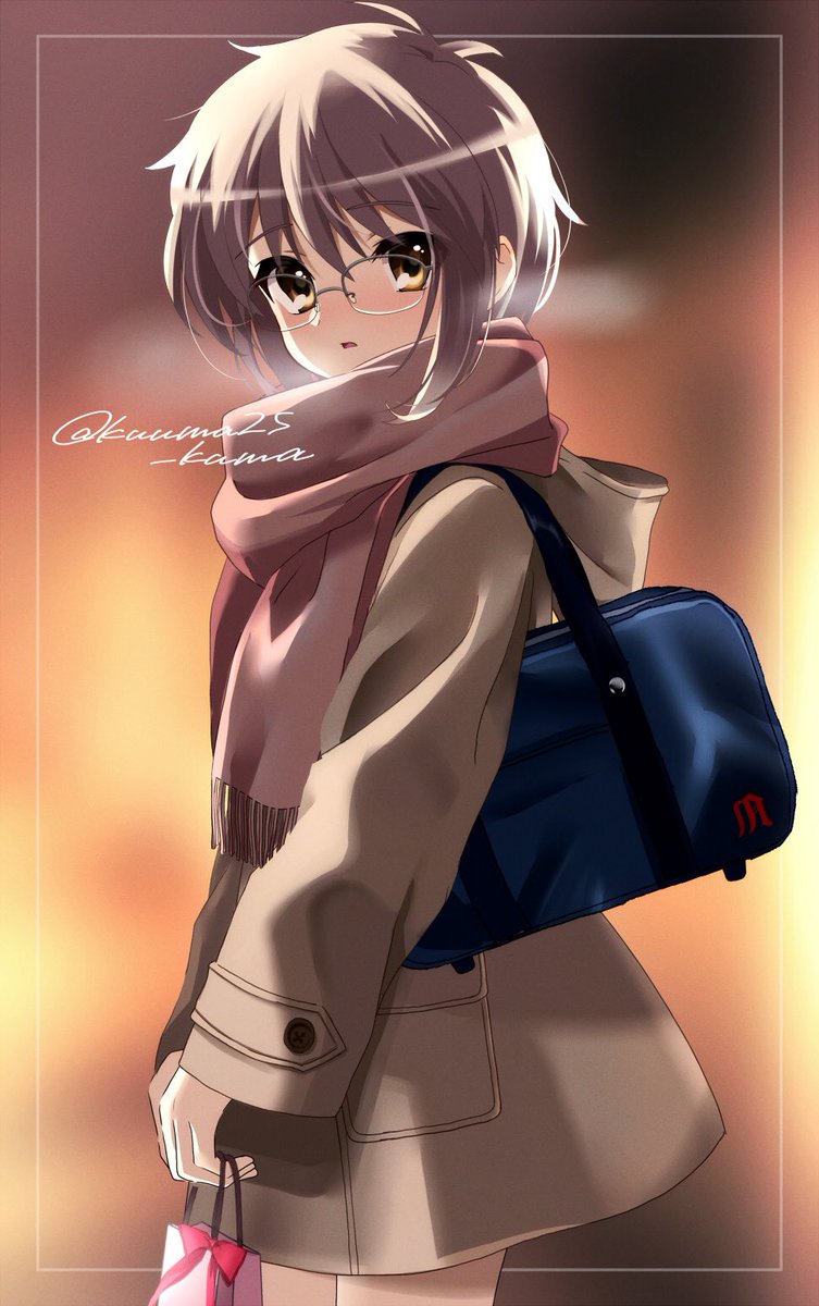 nagato yuki 1girl solo scarf glasses bag short hair brown eyes  illustration images