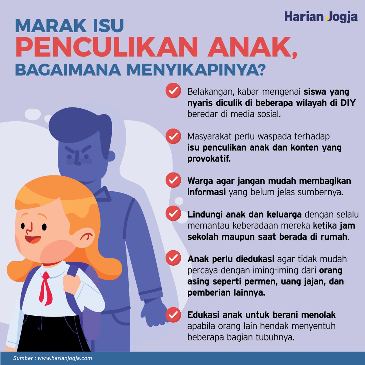 Harian_Jogja's tweet photo. Di sisi lain, masyarakat juga perlu membekali edukasi kepada keluarga sebagai bentuk perlindungan.

Berikut infografis mengenai upaya menyikapi isu penculikan yang beredar di masyarakat. https://t.co/EL9FpfW4g9