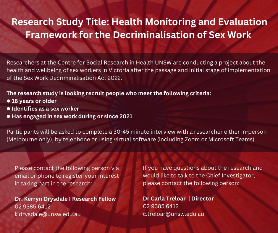 Researchers at UNSW are conducting a project about the health and wellbeing of sex workers in Vic following the passage and initial stage of Victoria's Decrim Act 2022!