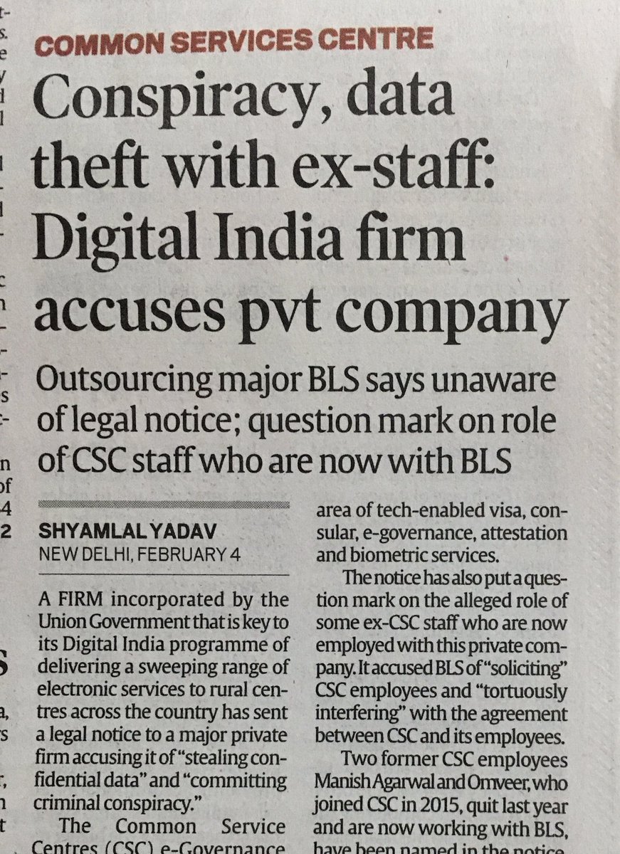 RTIExpress's tweet photo. Conspiracy, data theft with ex-staff: #DigitalIndia firm #CSCeGov behind nearly 6 lakh #CommonServiceCentre accuses pvt company BLS International, moves for FIR. Advisors at BLS include some high profile bureaucrats & diplomat https://t.co/GUul8R0hP9 @IndianExpress https://t.co/APfPSw31vF